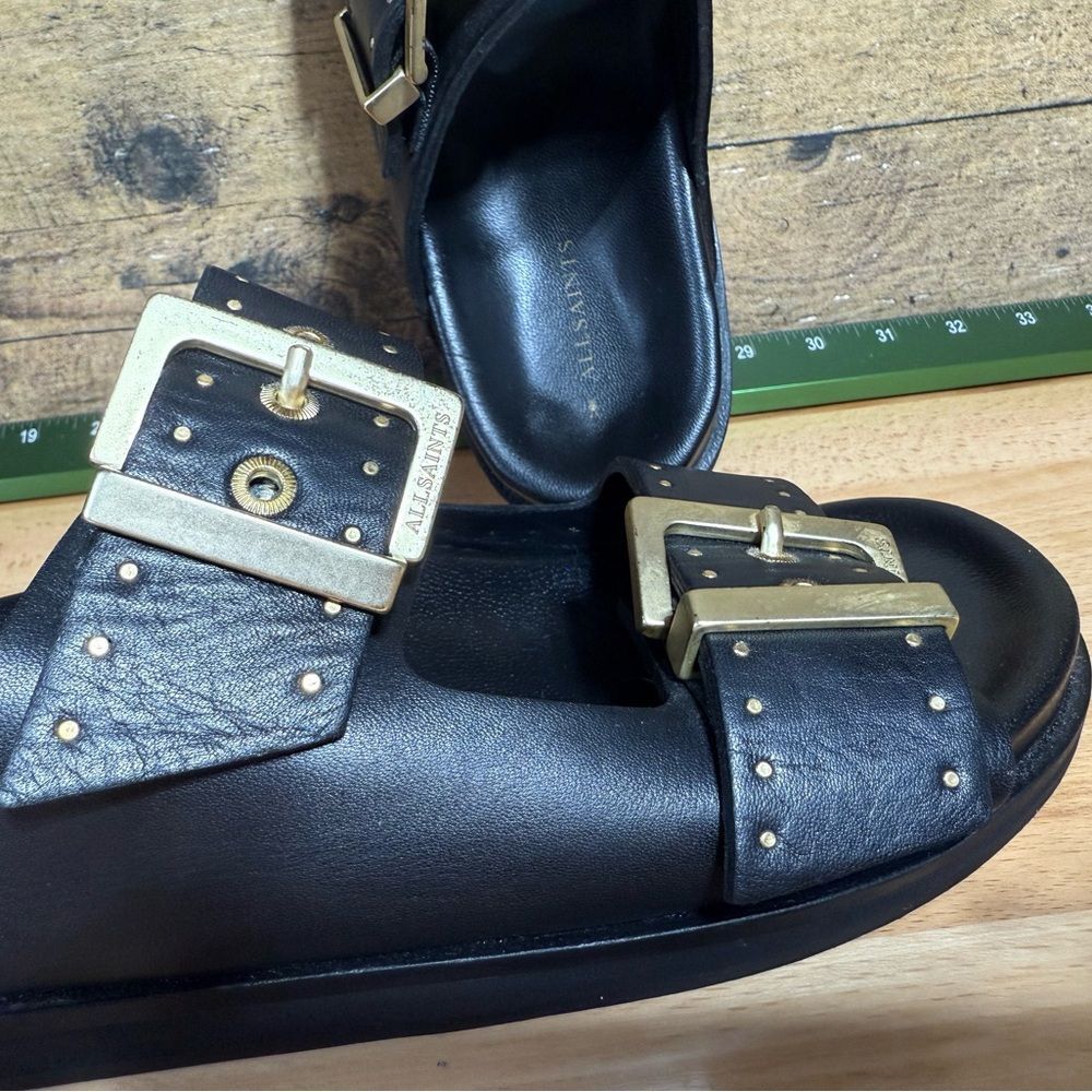 All Saints Black Leather Sandals with Gold Details - Picture 13 of 16